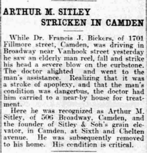 Arthur M. Sitley Stricken in Camden - Philadelphia Inquirer, September 21, 1902