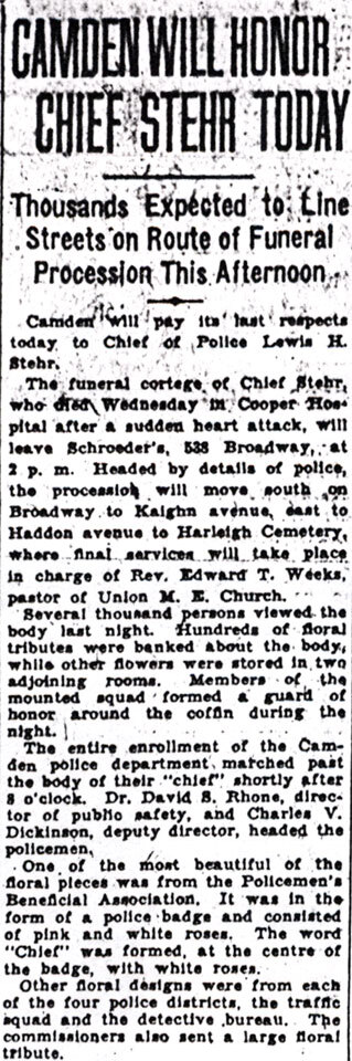Camden Courier-Post clipping, Dec. 13, 1930: Camden Will Honor Chief Stehr Today