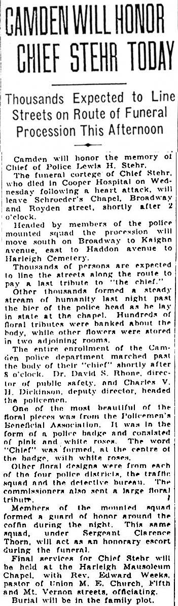 Camden Morning Post clipping, Dec. 13, 1930: Camden Will Honor Chief Stehr Today