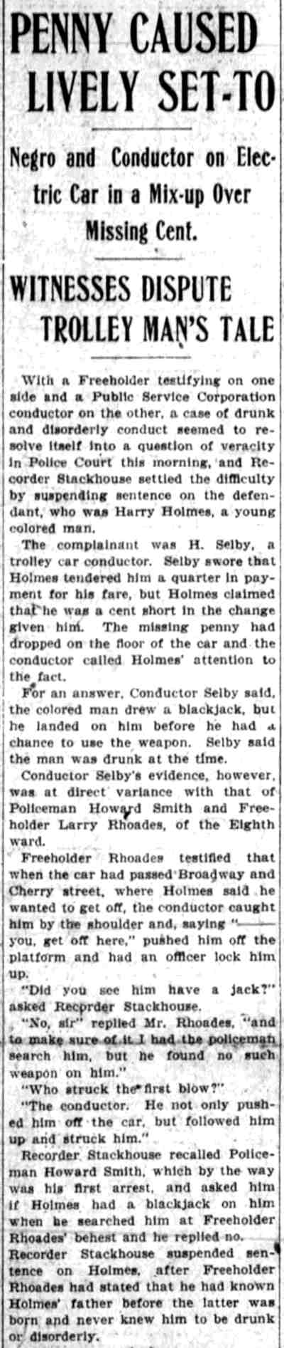 Camden Post-Telegram clipping, March 26, 1906: Penny Caused Lively Set-To, a police court trolley dispute