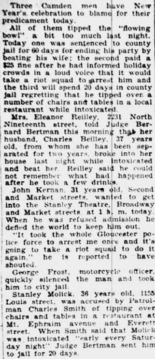Overflowing 'Bowl' Put 3 Here in Jail - Camden Courier-Post, January 2, 1928
