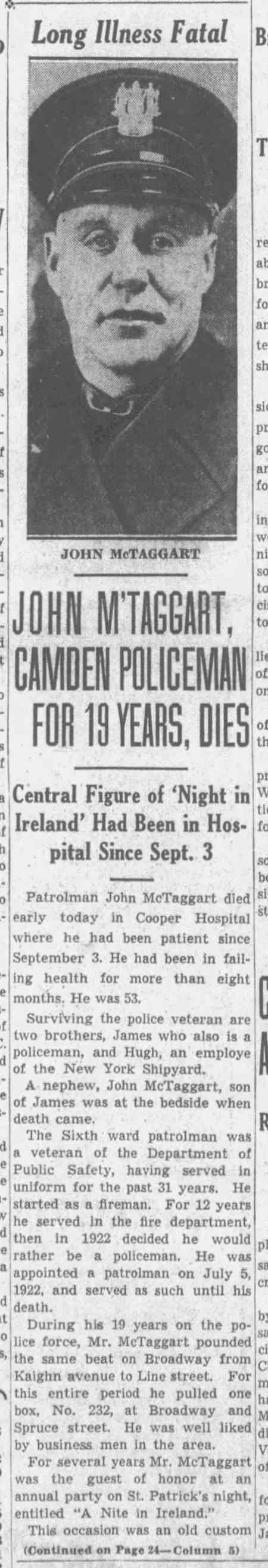 Courier-Post clipping, November 29, 1941: portrait of Patrolman John McTaggart above the headline John M'Taggart, Camden Policeman for 19 Years, Dies