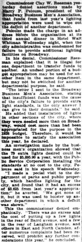 Newspaper clipping: Reesman denies light fund shift, Camden Courier-Post, January 27, 1928