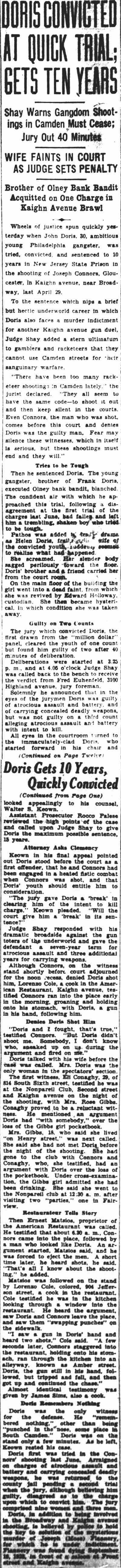 Courier-Post clipping, Doris Convicted at Quick Trial, Gets Ten Years, September 17, 1929