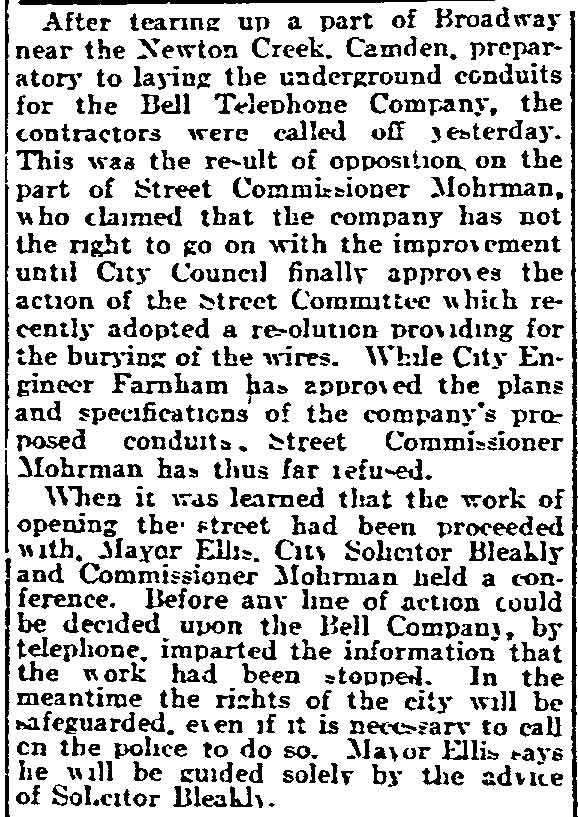 Telephone Conduit Work Halted on Broadway - Philadelphia Inquirer, September 12, 1906