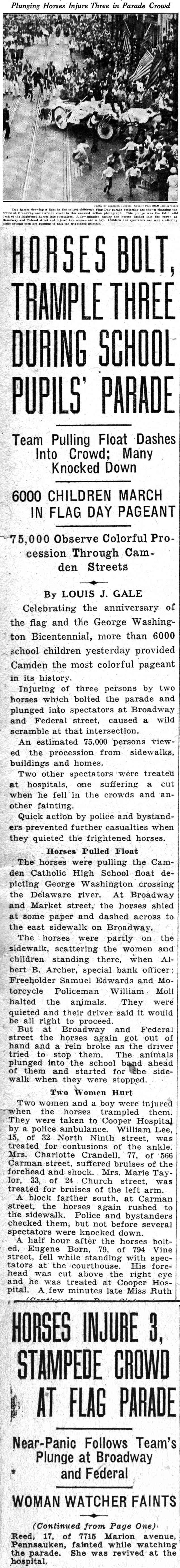 Horses Bolt, Trample Three During School Pupils' Parade, Camden Courier-Post, June 15, 1932
