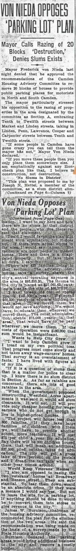 Courier-Post article, Von Nieda Opposes 'Parking Lot' Plan, August 22, 1936