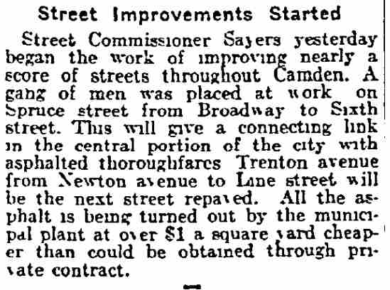 Newspaper clipping headlined Street Improvements Started, Philadelphia Inquirer, June 17, 1915