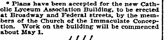 Newspaper clipping on plans for the Catholic Lyceum Association Building, Philadelphia Inquirer, March 3, 1896