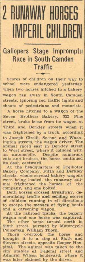 Courier-Post clipping "2 Runaway Horses Imperil Children," about bakery wagon horses loose in South Camden, May 17, 1934
