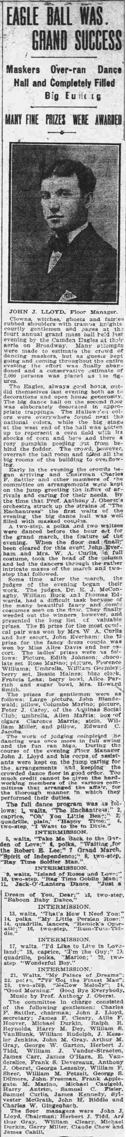 Camden Daily Courier, November 1, 1912: Eagle Ball Was Grand Success, with a portrait of floor manager John J. Lloyd