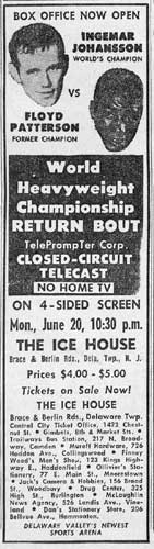 Ice House closed-circuit telecast ad for the Johansson-Patterson return bout, Camden Courier-Post, June 10, 1960