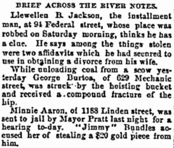 Newspaper clipping headed Brief Across the River Notes, three short items about a robbery at 94 Federal street, a coal-unloading injury and an arrest