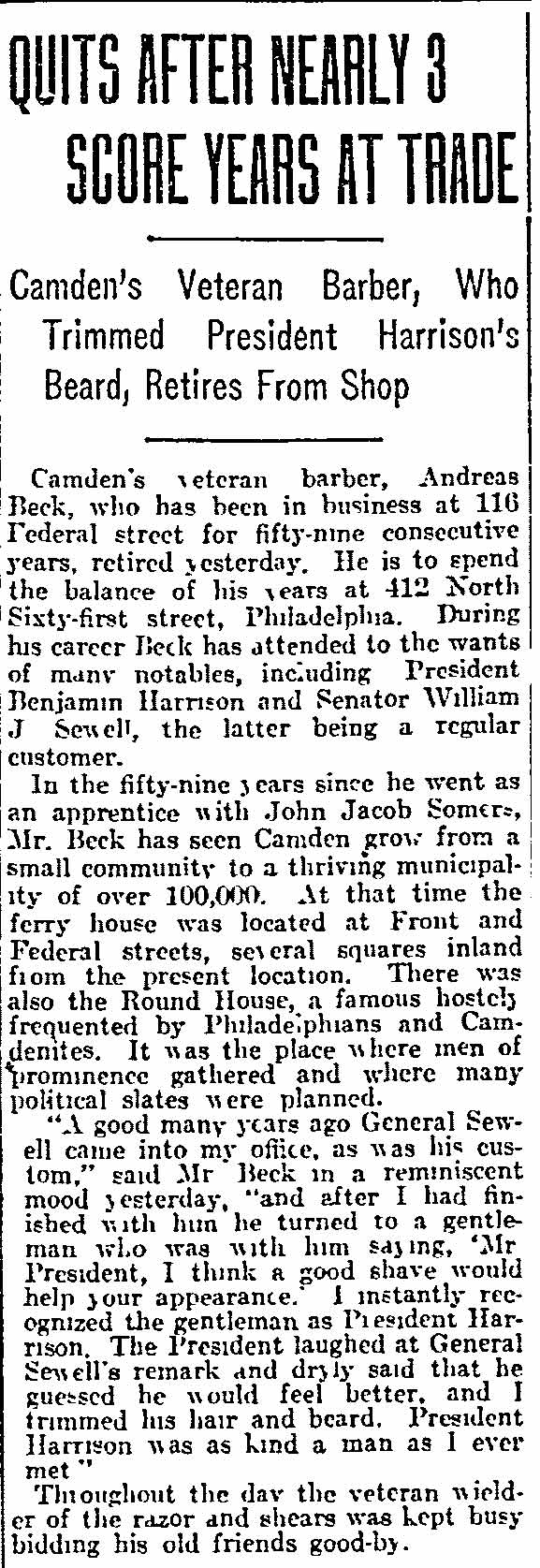Philadelphia Inquirer clipping, March 21, 1915: Camden barber Andreas Beck retires after 59 years