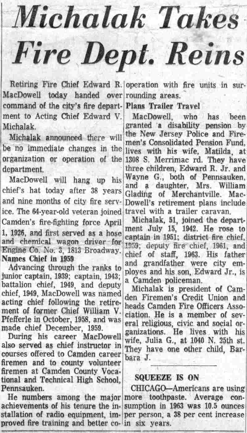 Courier-Post headline Michalak Takes Fire Dept. Reins, December 31, 1964