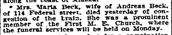 Newspaper clipping: death notice of Mrs. Maria Beck, wife of Andreas Beck, 114 Federal street