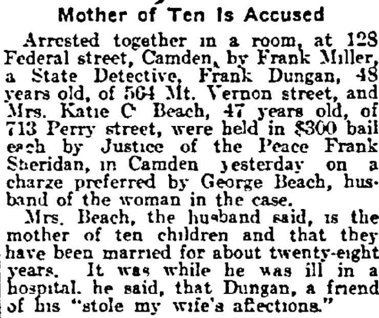 Newspaper item headed "Mother of Ten Is Accused," Philadelphia Inquirer, March 17, 1917