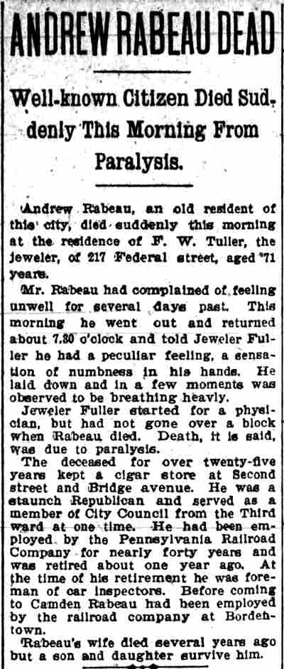 Andrew Rabeau Dead, Camden Post-Telegram, July 10, 1903