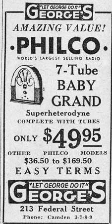 Advertisement for George's, 213 Federal Street, for the Philco 7-Tube Baby Grand radio at $49.95