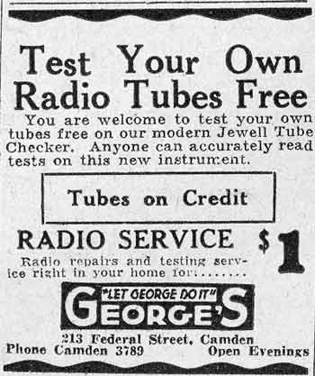 Advertisement for George's, 213 Federal Street, offering free radio tube testing