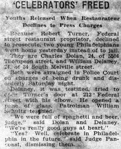 Newspaper clipping "'Celebrators' Freed" from the Camden Courier-Post, February 10, 1930