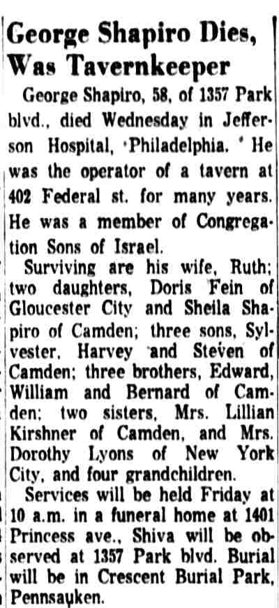 Newspaper obituary clipping headlined George Shapiro Dies, Was Tavernkeeper