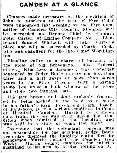 Newspaper clipping headed Camden at a Glance, Philadelphia Inquirer, June 27, 1914