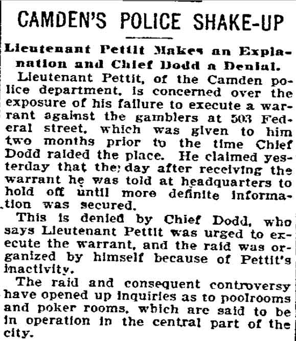 Newspaper clipping headlined Camden's Police Shake-Up