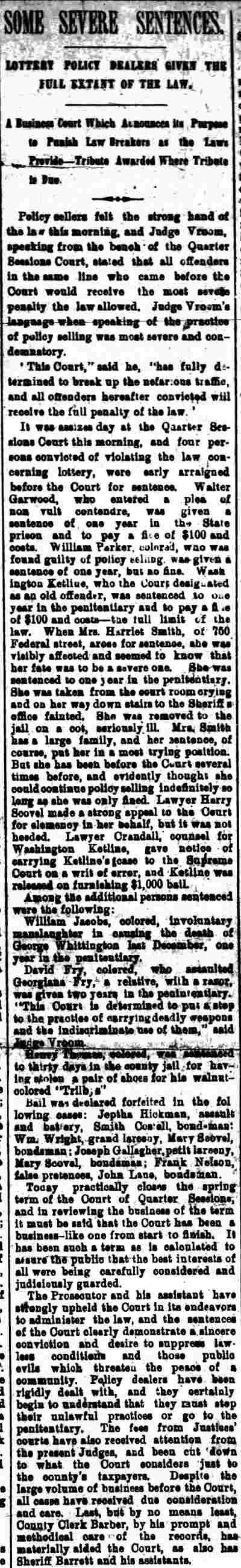 Camden Daily Courier clipping, May 24, 1895: Some Severe Sentences, on Judge Vroom's sentencing of lottery policy dealers including Harriet Smith