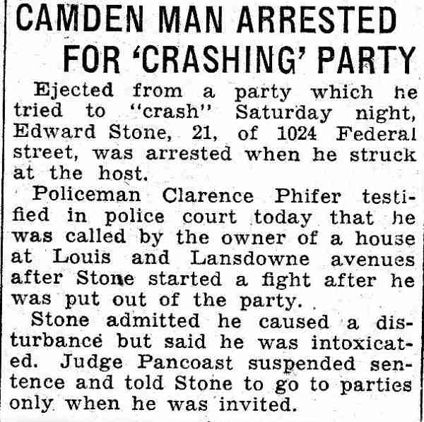 Courier-Post clipping, May 1, 1933: Camden man arrested for crashing a party