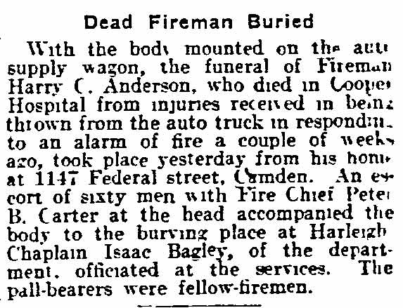 Dead Fireman Buried, Philadelphia Inquirer clipping, May 10, 1916