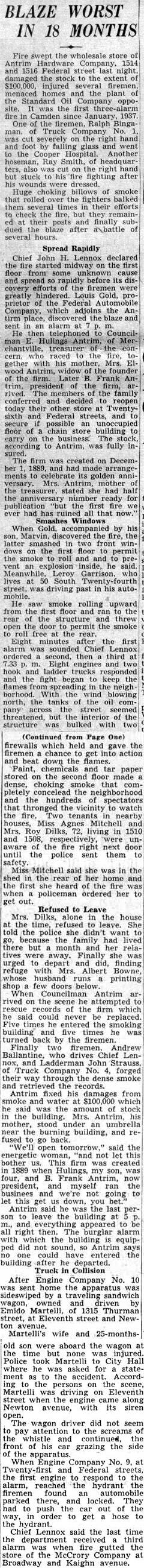 Courier-Post story BLAZE WORST IN 18 MONTHS on the Antrim Hardware Company fire, June 30, 1939