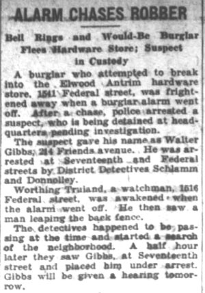 Newspaper clipping Alarm Chases Robber, Camden Courier-Post, January 31, 1928