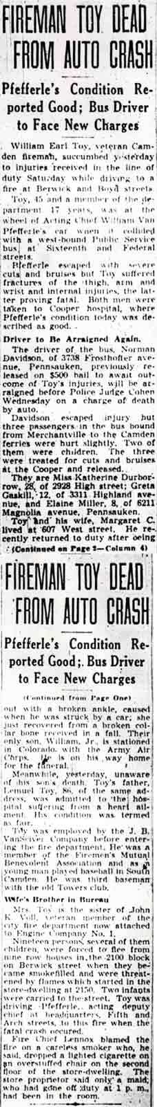 Camden Courier-Post clipping, April 24, 1948: Fireman Toy Dead From Auto Crash