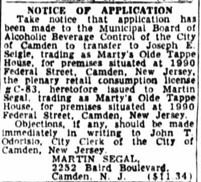 Notice of Application to transfer the liquor license of Marty's Olde Tappe House, 1956