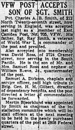 Newspaper clipping: VFW Post Accepts Son of Sgt. Smith, Camden Courier-Post, February 21, 1944