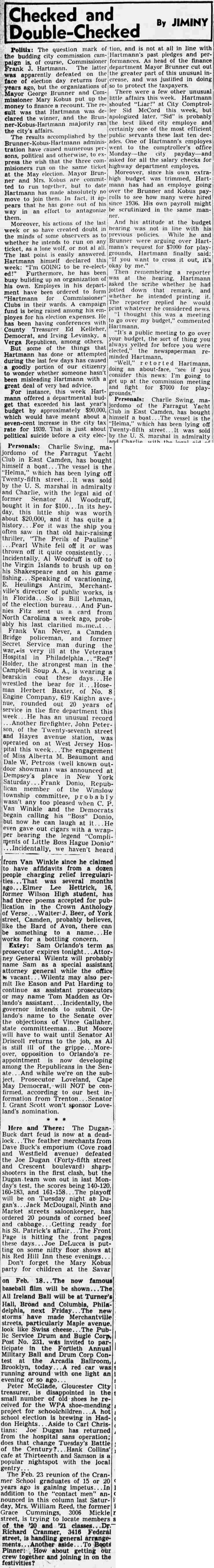 Camden Courier-Post column "Checked and Double-Checked" by Jiminy, February 4, 1939