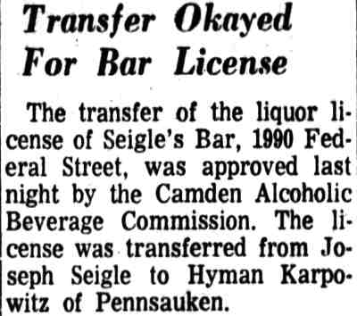 Camden Courier-Post clipping, "Transfer Okayed For Bar License," March 8, 1966