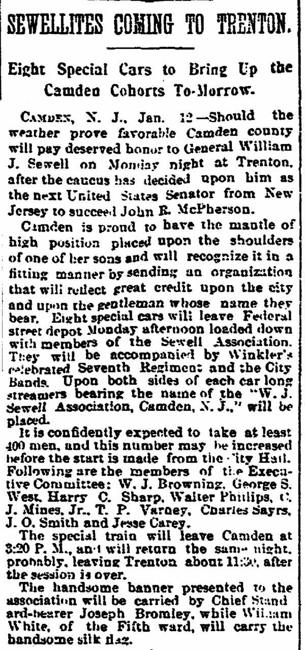Philadelphia Inquirer clipping, Sewellites Coming to Trenton, January 13, 1895
