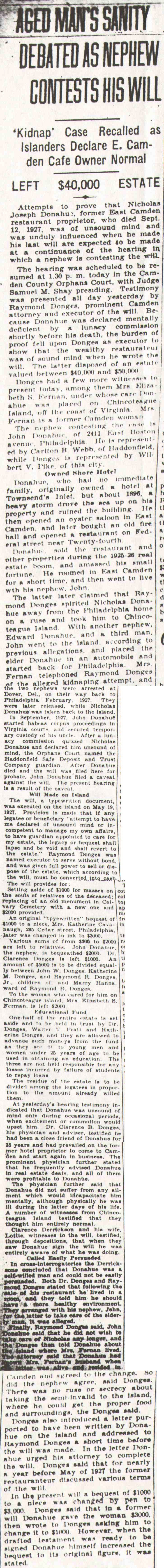 Courier-Post clipping, September 21, 1928: Aged Man's Sanity Debated as Nephew Contests His Will