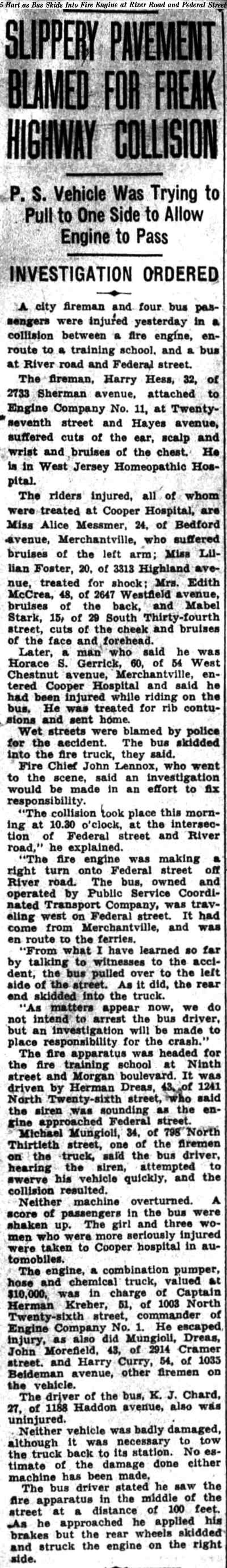 Courier-Post article on a bus skidding into a fire engine at River Road and Federal Street, Camden, October 27, 1934