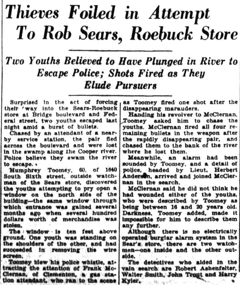 Courier-Post clipping, Thieves Foiled in Attempt To Rob Sears, Roebuck Store