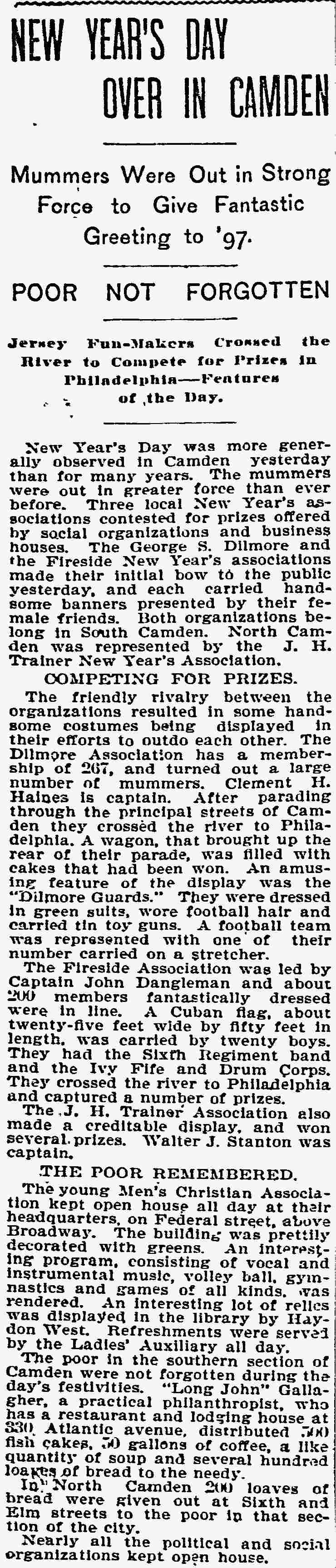 Philadelphia Inquirer clipping, "New Year's Day Over in Camden," on the 1897 mummers' parades and New Year's charity