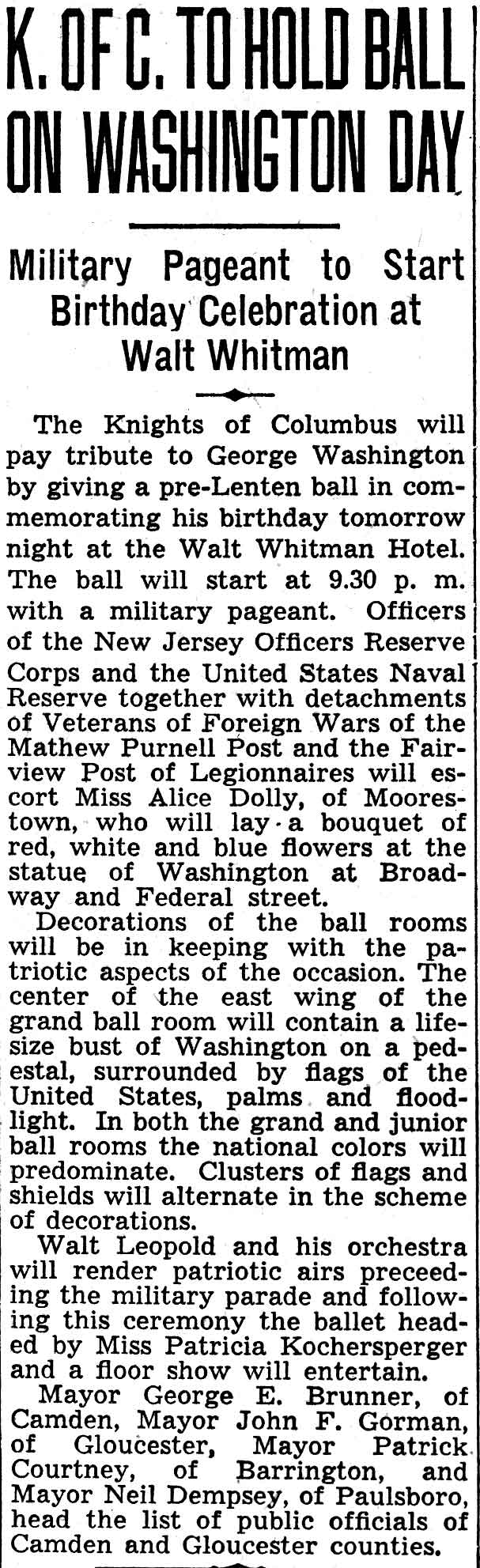 Courier-Post clipping, K. of C. to Hold Ball on Washington Day, February 21, 1938