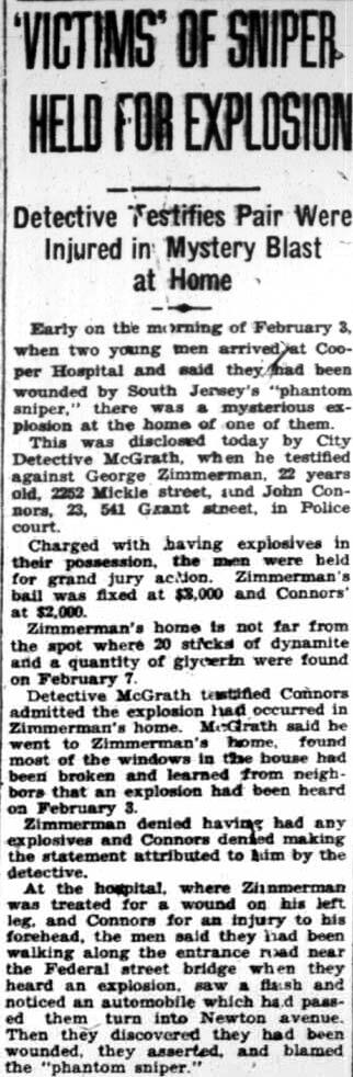 'Victims' of Sniper Held for Explosion, Camden Courier-Post, February 13, 1928