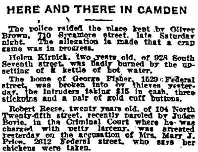 Newspaper clipping headed Here and There in Camden, Philadelphia Inquirer, February 19, 1917