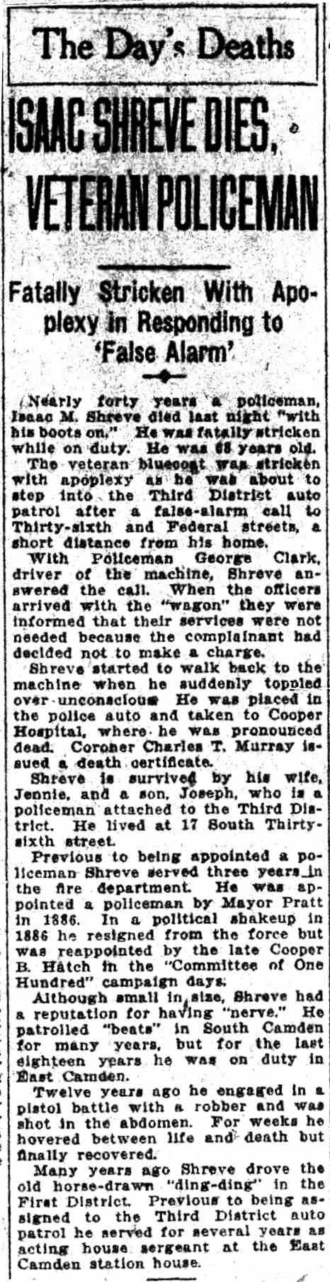 Camden Courier-Post clipping, June 19, 1926: Isaac Shreve Dies, Veteran Policeman