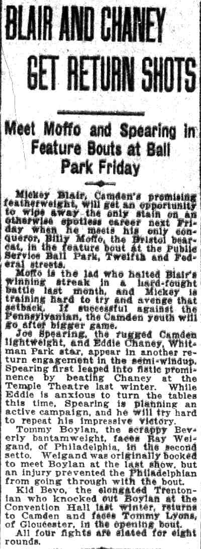 Newspaper clipping: Blair and Chaney Get Return Shots, Camden Courier-Post, July 31, 1926