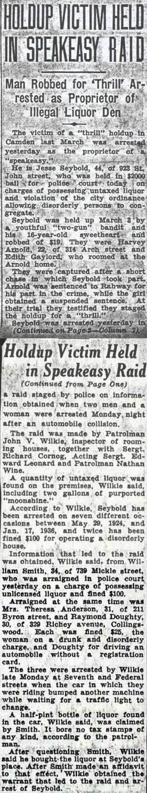 Camden Courier-Post, August 5, 1936: Holdup Victim Held in Speakeasy Raid, an article about Jesse Seybold