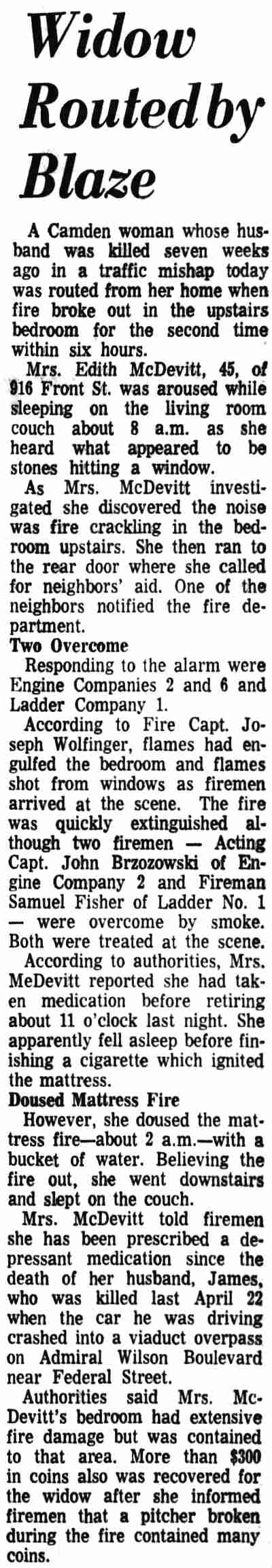 Newspaper clipping: Widow Routed by Blaze